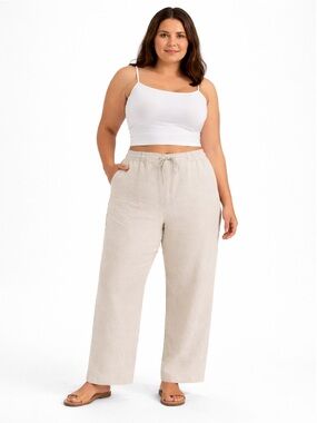 Liz Claiborne Wide Leg Linen Pants Natural Beige Sz 12 Coastal Breathable